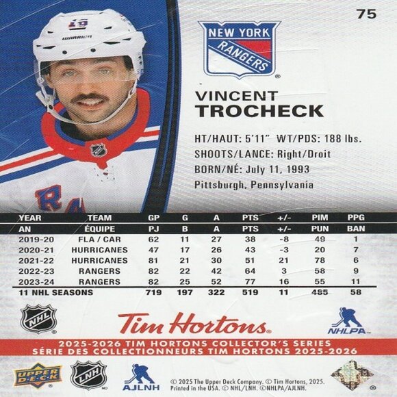 Vincent Trocheck - 2025/2026 Tim Hortons Collector's Series Card - Picture 2 of 2